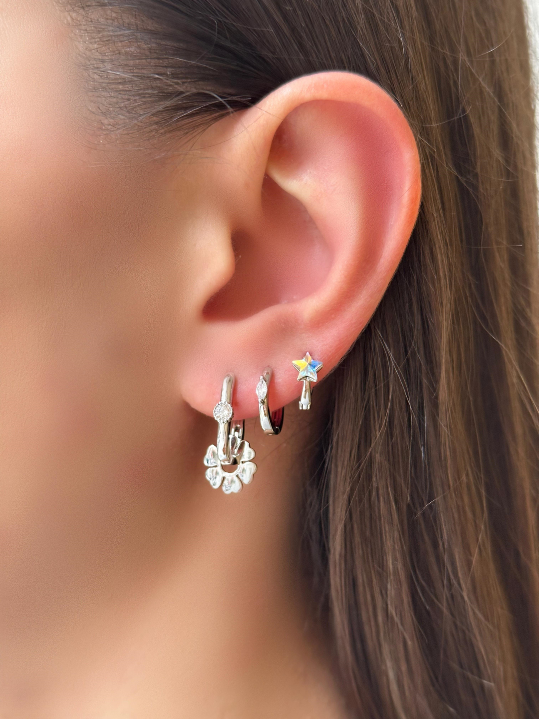 Özel Seri Swarovski Taşlı Yıldız Halka Küpe Gümüş