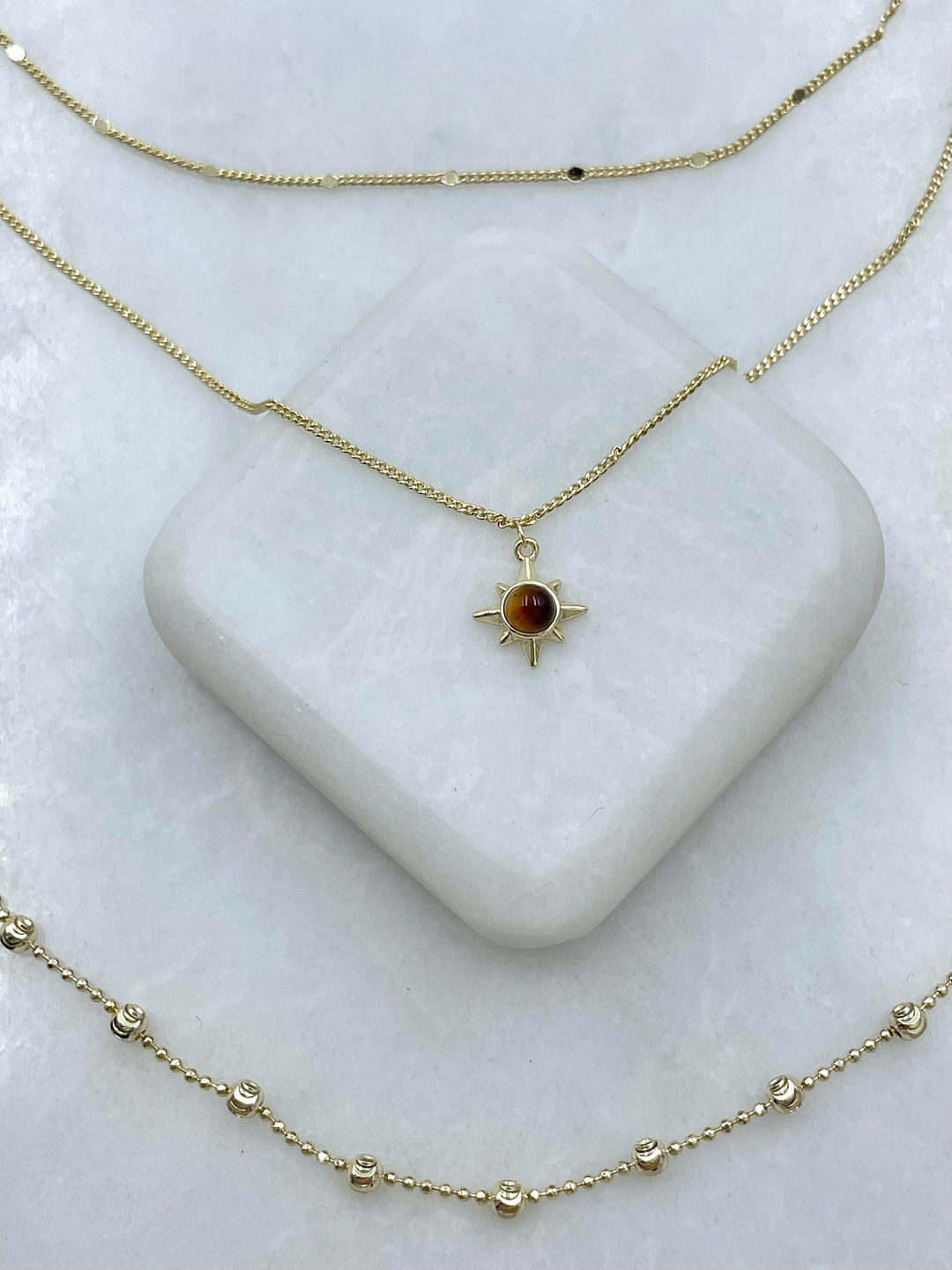 Altın Kaplama Kaplan Gözü Sallantılı Üçlü Zincir Kolye Gold