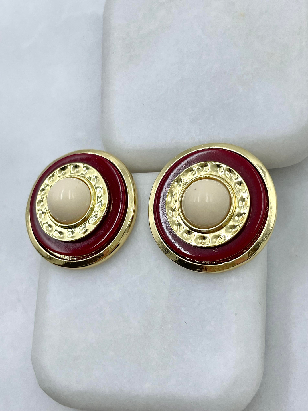 Altın Kaplama Gold Detaylı Daire Vintage Küpe Bordo