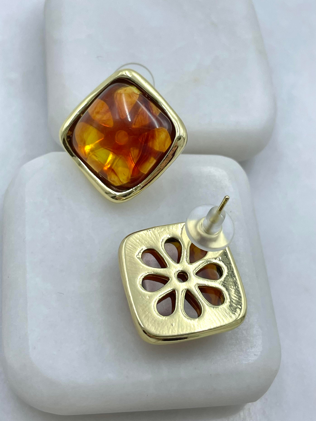 Altın Kaplama Gold Detaylı Kare Kehribar Küpe Gold