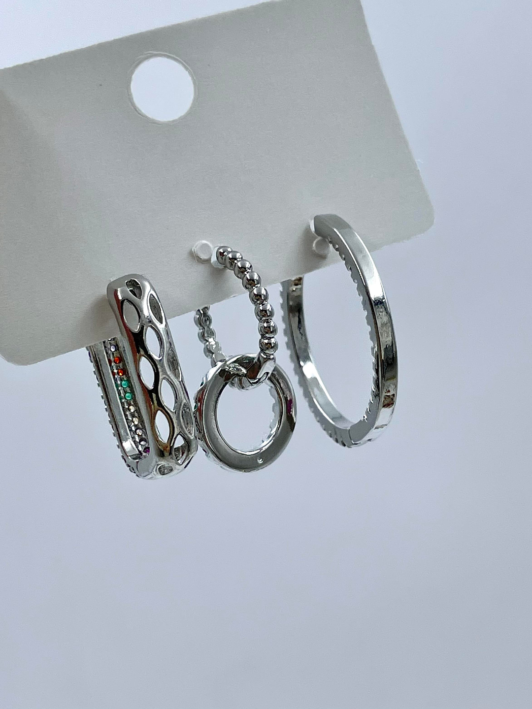 Altın Kaplama Üçlü Renkli Taşlı Halka ve Dikdörtgen Set Küpe Gümüş