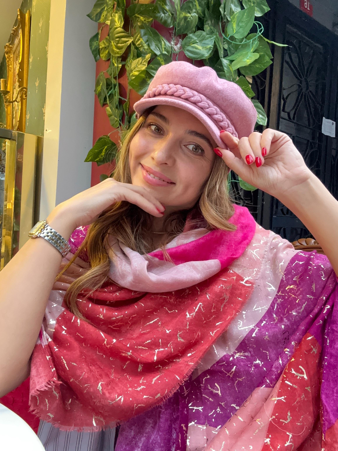 Etnik Desenli Varaklı Mor Şal Renkli