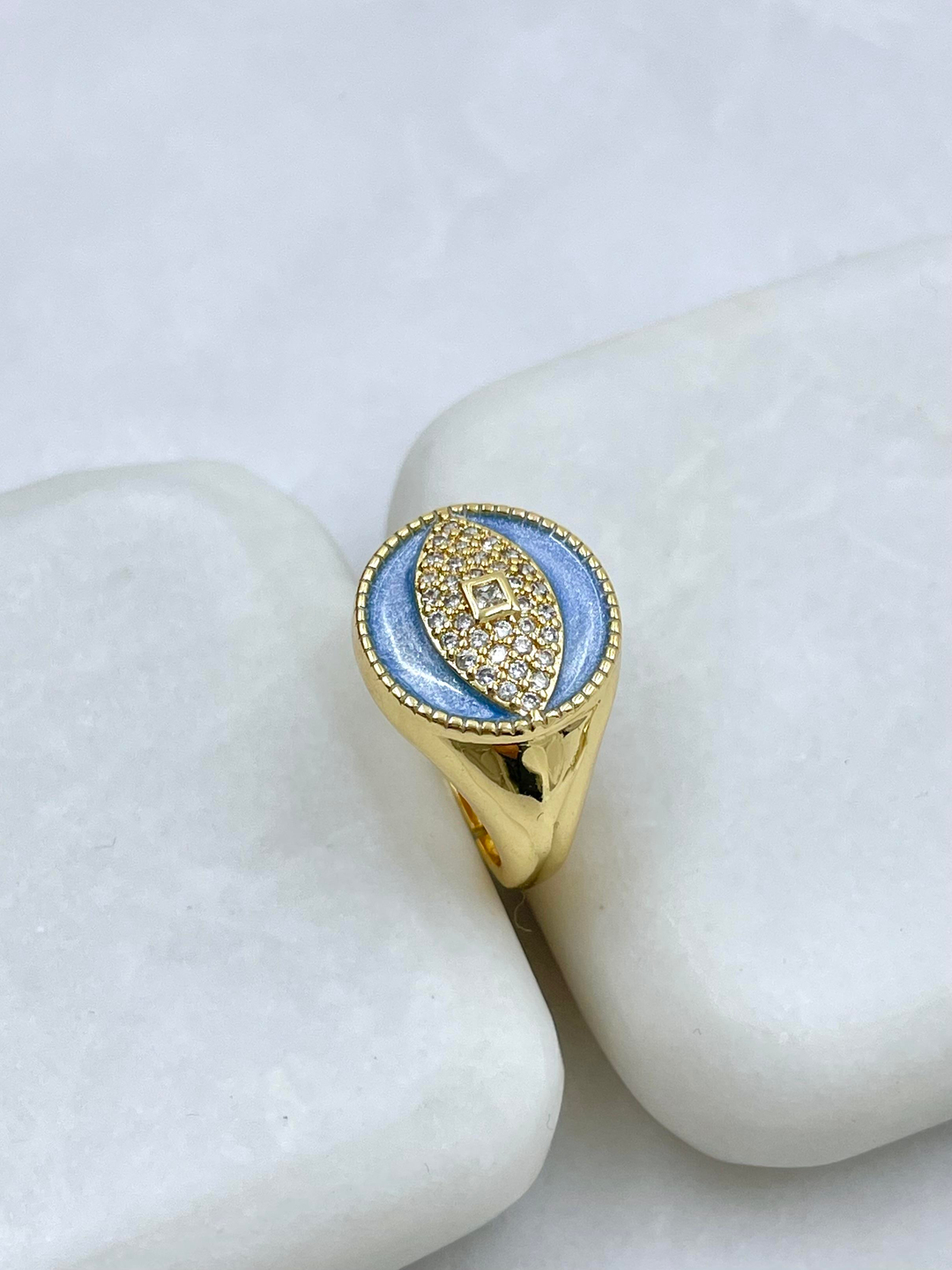 Altın Kaplama Gömme Taşlı Göz Model Serçe Parmak Yüzüğü Mavi Gold