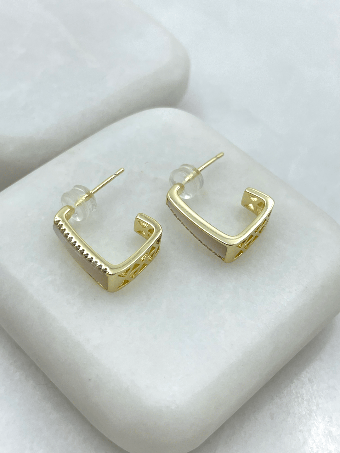 Özel Seri Gömme Taşlı Sedefli Tasarım Küpe Gold