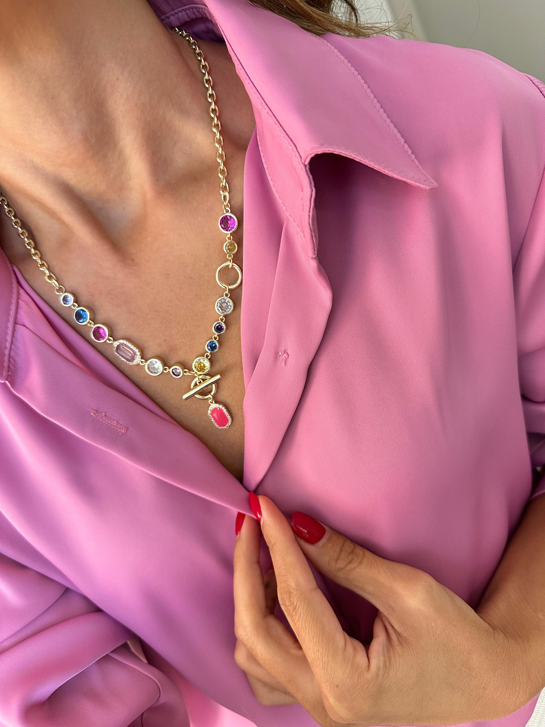 Altın Kaplama Renkli Kristal Taşlı Zincir Kolye Gold