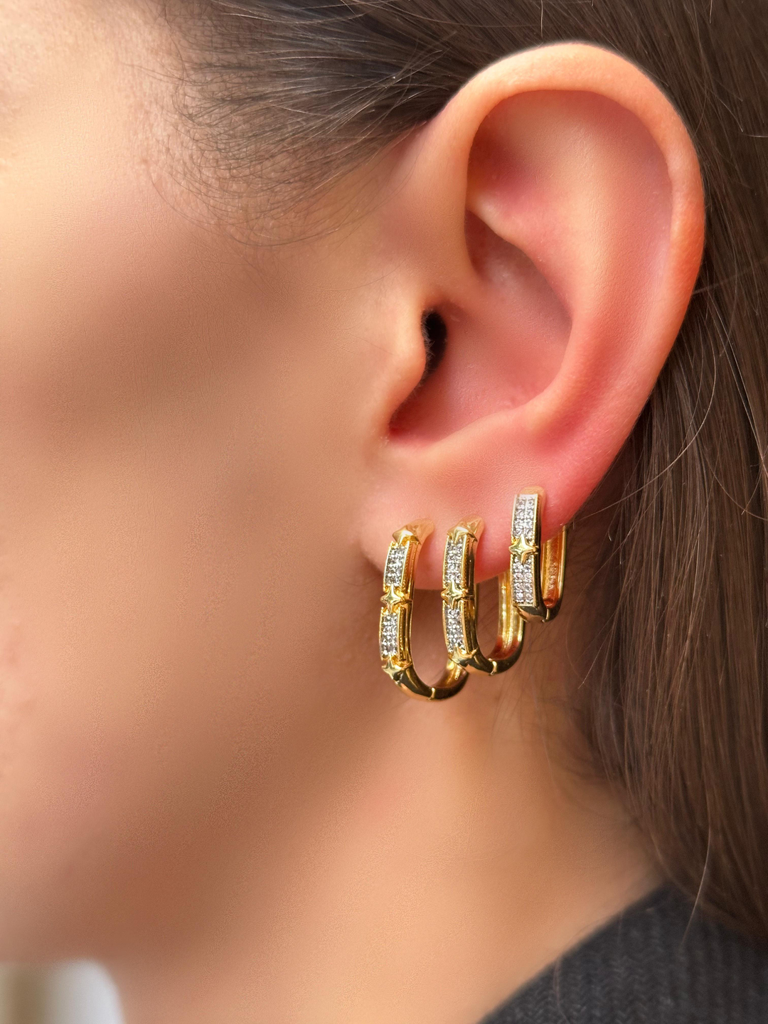 Altın Kaplama Üçlü Çift Renk Dikdörtgen Set Küpe Gold