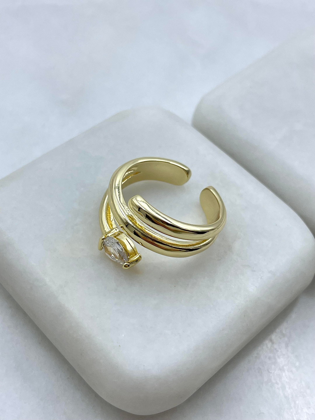 Altın Kaplama Kristal Taşlı Üçlü Görünüm Yüzük Gold