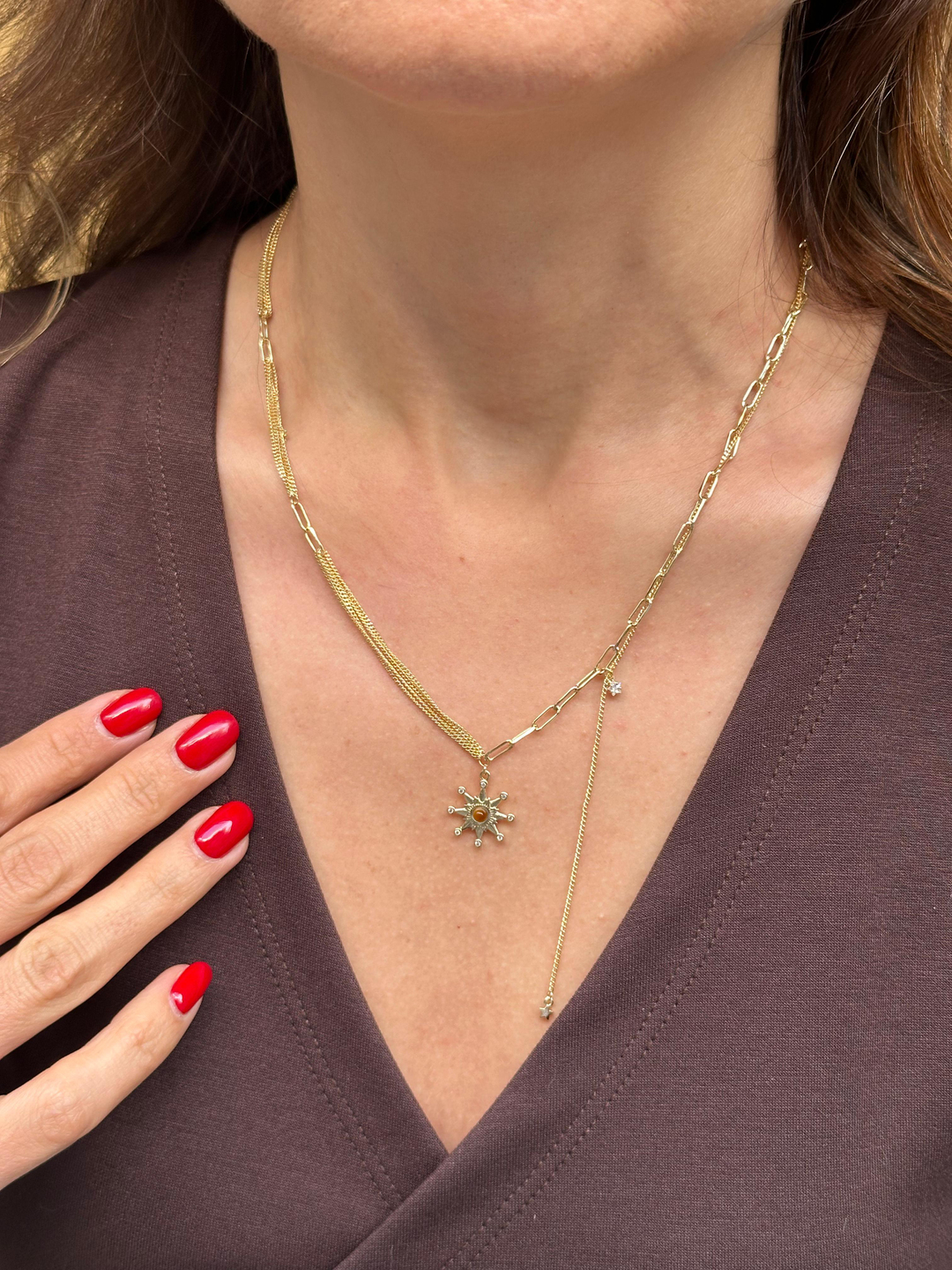 Altın Kaplama Yıldız Sallantılı Tasaım Zincir Kolye Gold