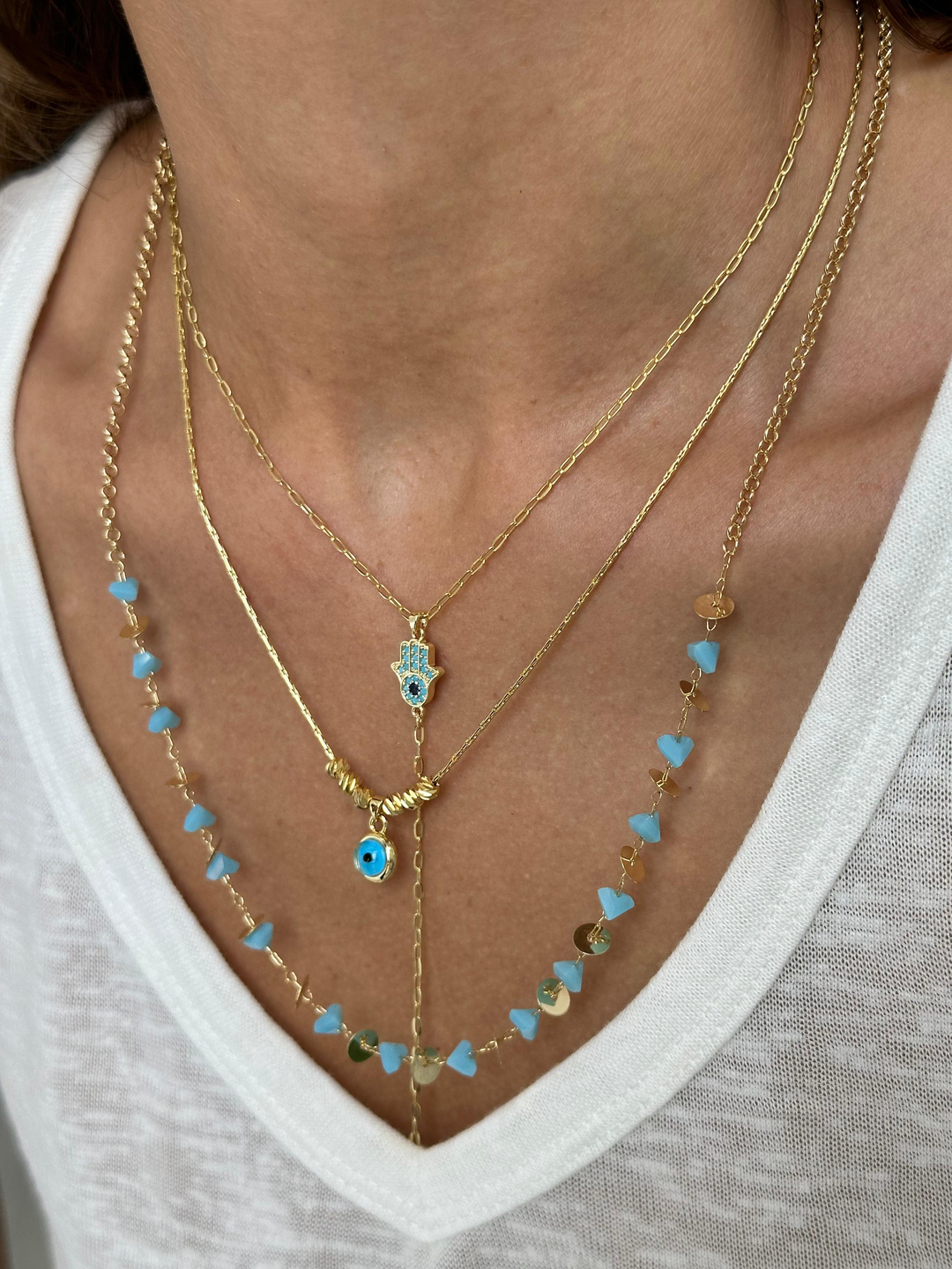 Altın Kaplama Pul Plaka ve Mavi Taşlı Zincir Kolye Gold