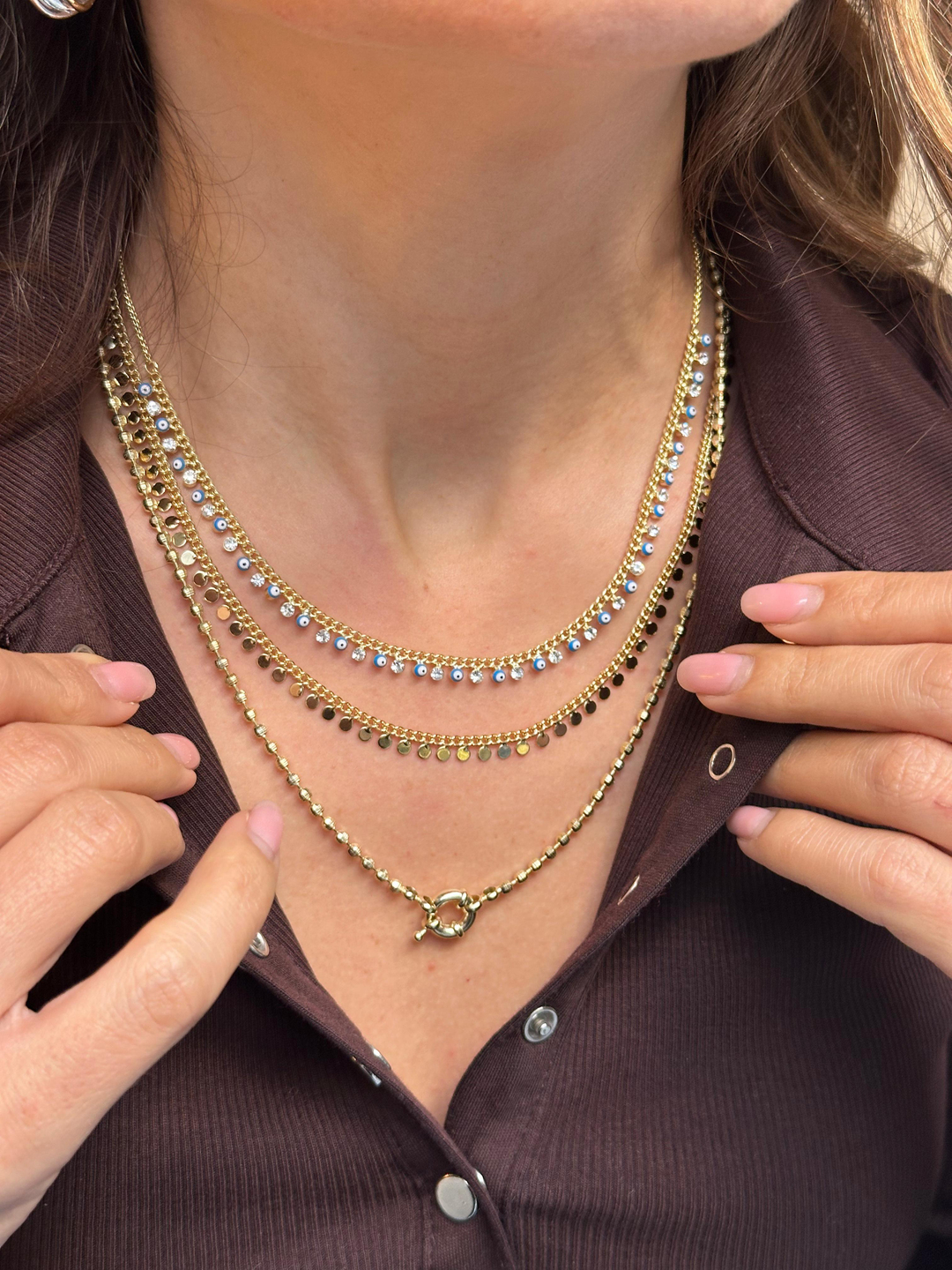 Altın Kaplama Nazar ve Kristal Taşlı Asansörlü Kolye Gold