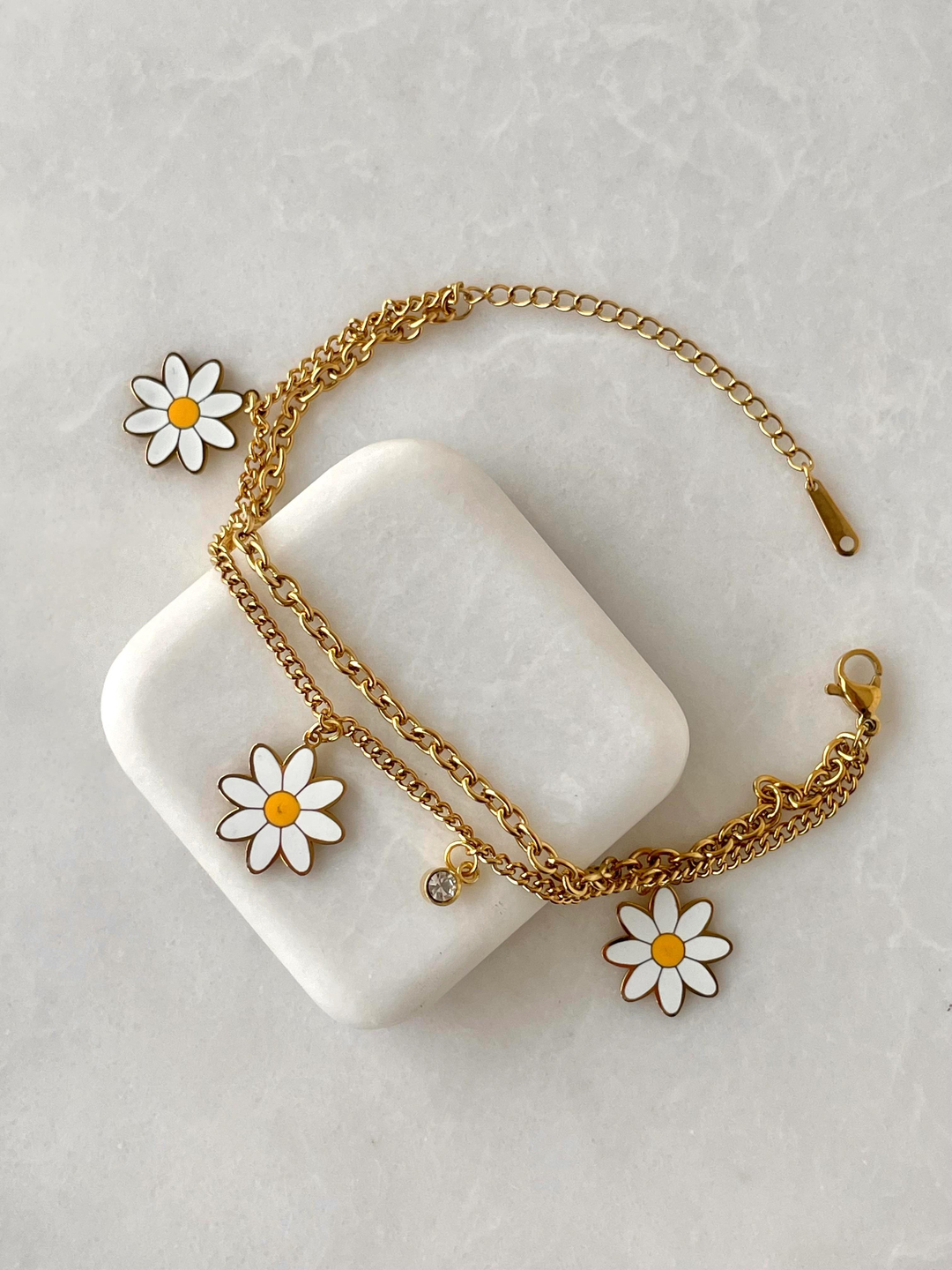 Çelik Papatya Sallantılı Çift Sıra Zincir Bileklik Gold