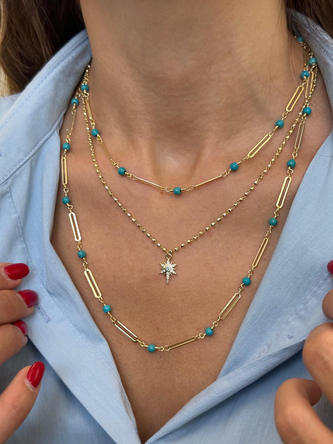 Altın Kaplama Mavi Boncuklu Ataç Zincir Kolye 90 cm Gold