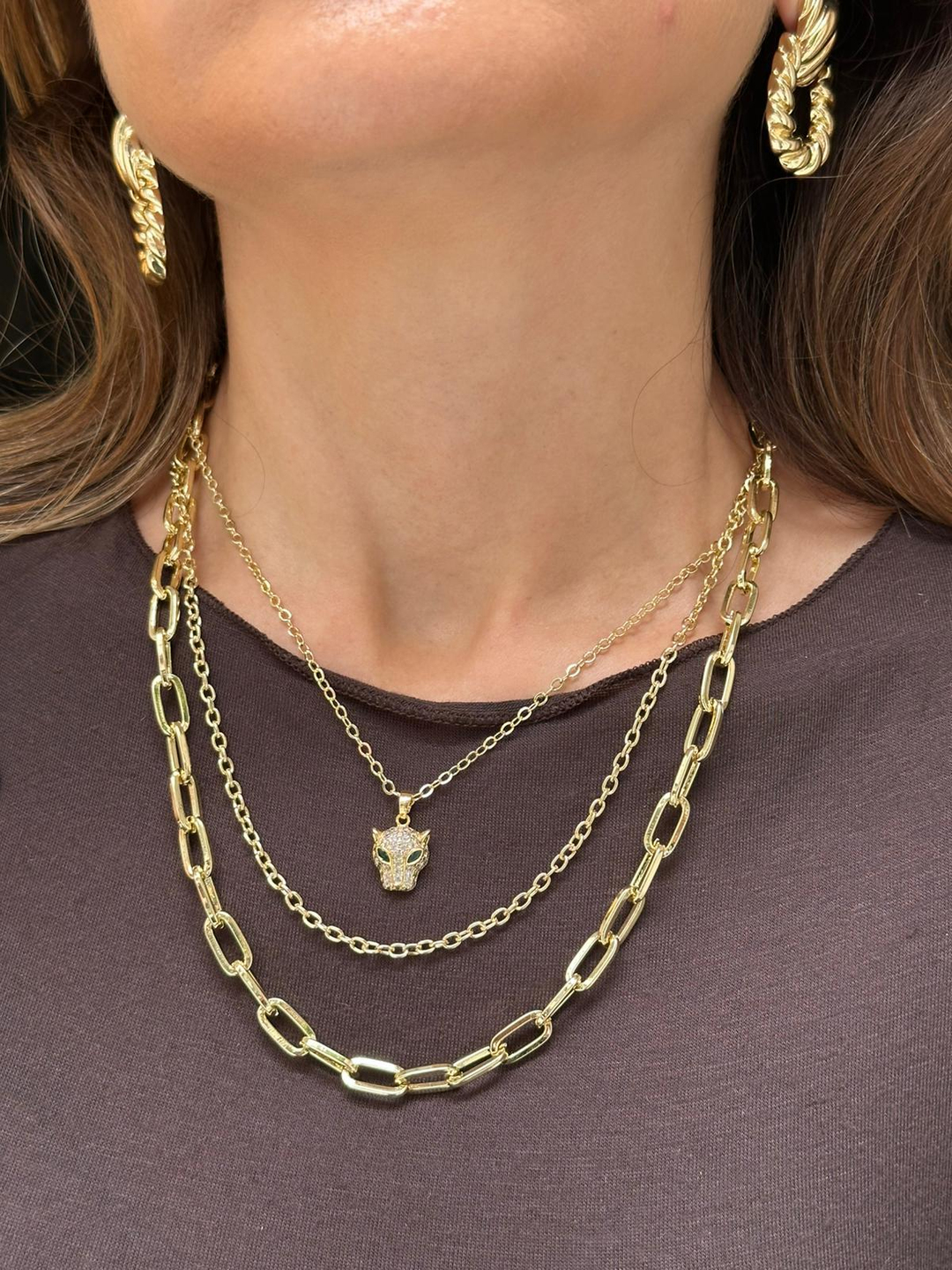 Altın Kaplama Kaplan Sallantılı Üçlü Zincir Kolye Gold