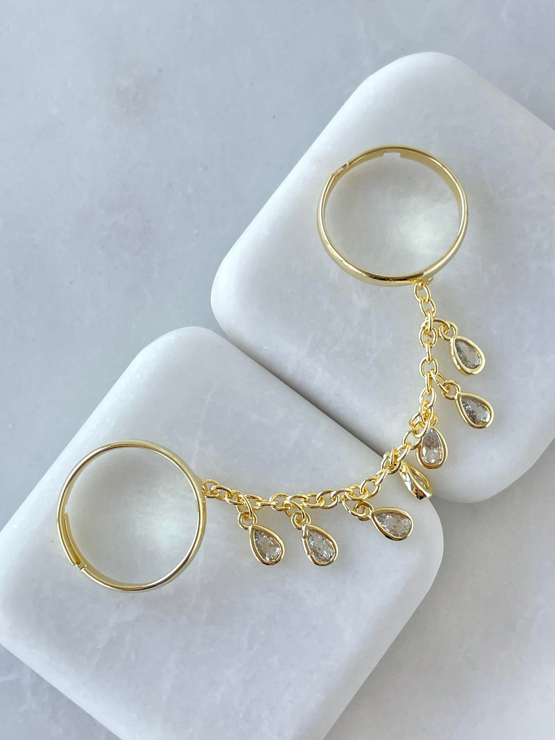 Altın Kaplama Damla Kristal Sallantılı İkili Yüzük Gold