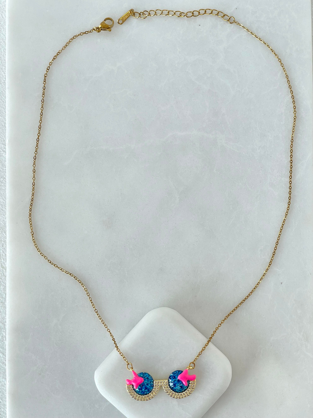 Altın Kaplama Işıltılı Mineli Gözlük Kolye Pembe Gold