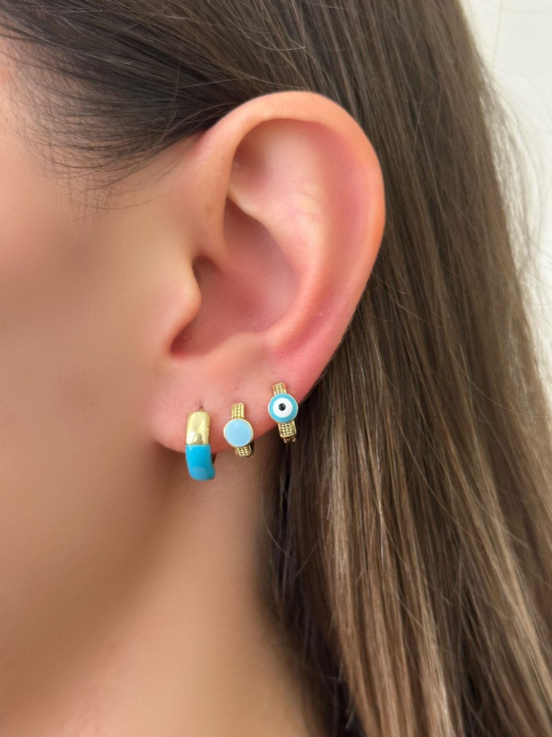 Özel Seri Mavi Mineli Daire Halka Küpe Gold