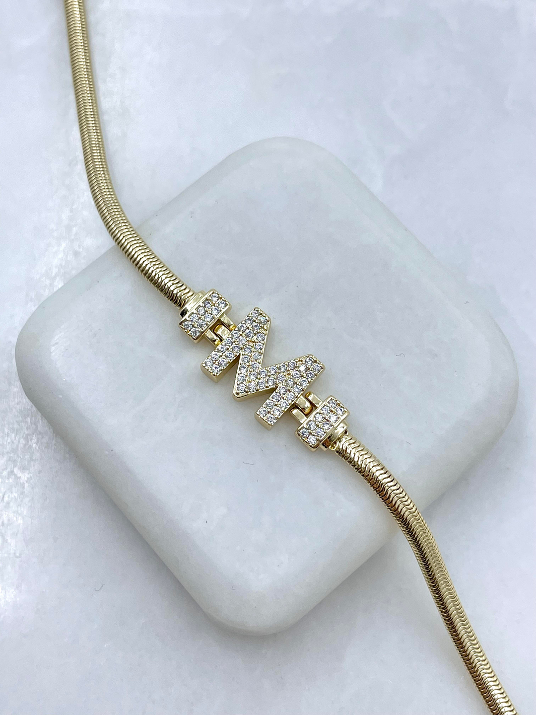 Altın Kaplama Gömme Taşlı Harf Yılan Zincir Bileklik Gold