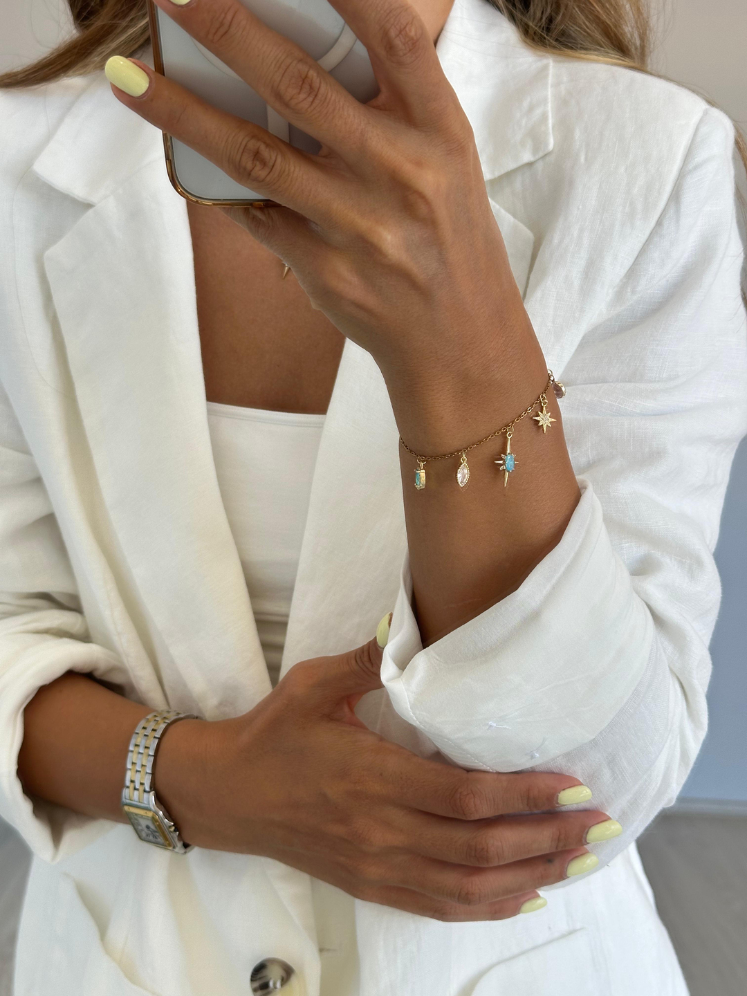 Çelik Mavi Kristal Taşlı Kuzey Yıldızı Bileklik Gold