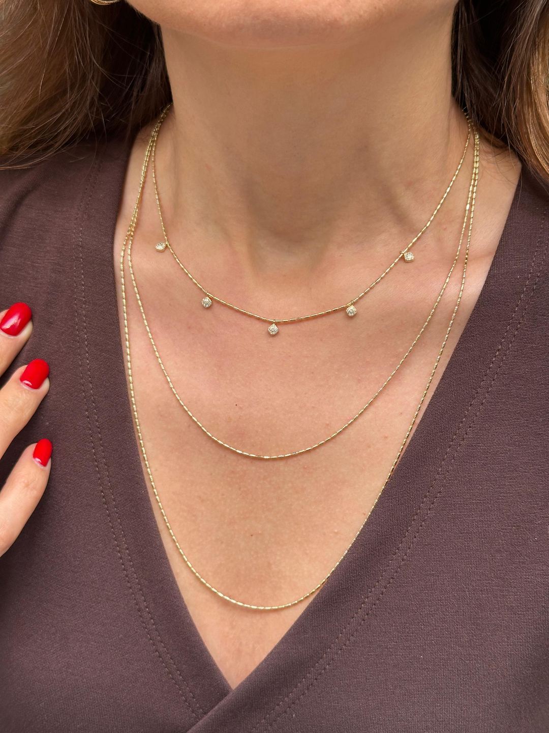 Altın Kaplama Gömme Taş Sallantılı Üçlü Zincir Kolye Gold