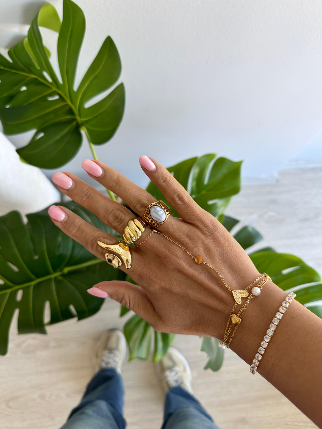 Çelik Doğal Taş Görünümlü Kafes Yüzük Beyaz