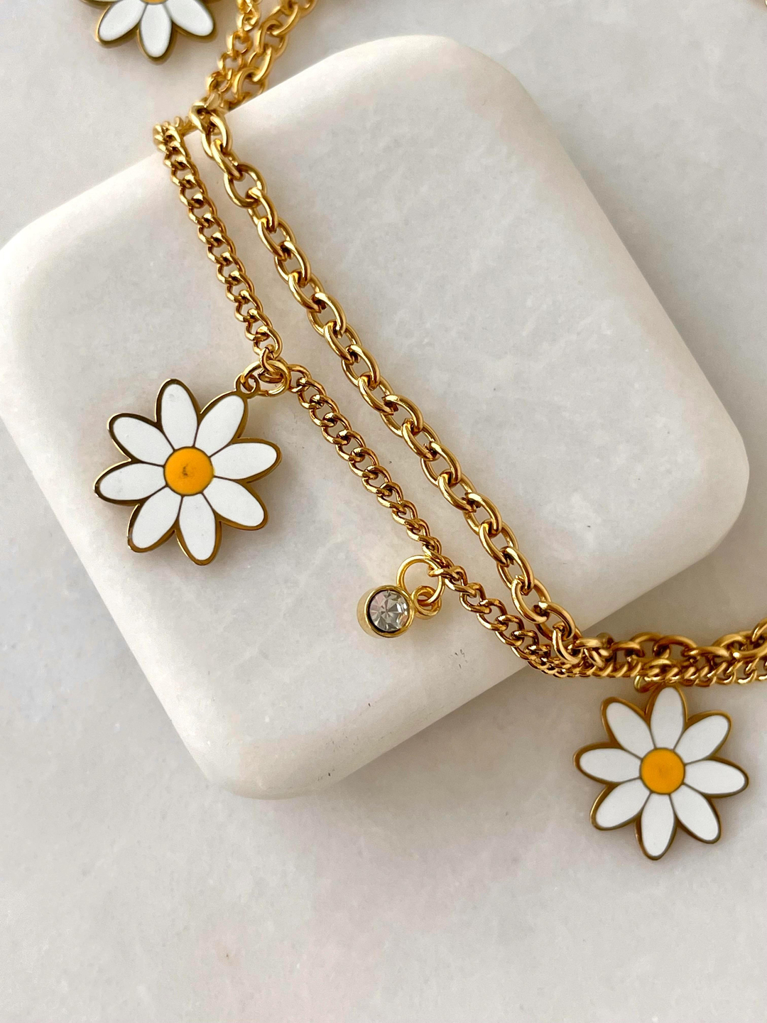 Çelik Papatya Sallantılı Çift Sıra Zincir Bileklik Gold