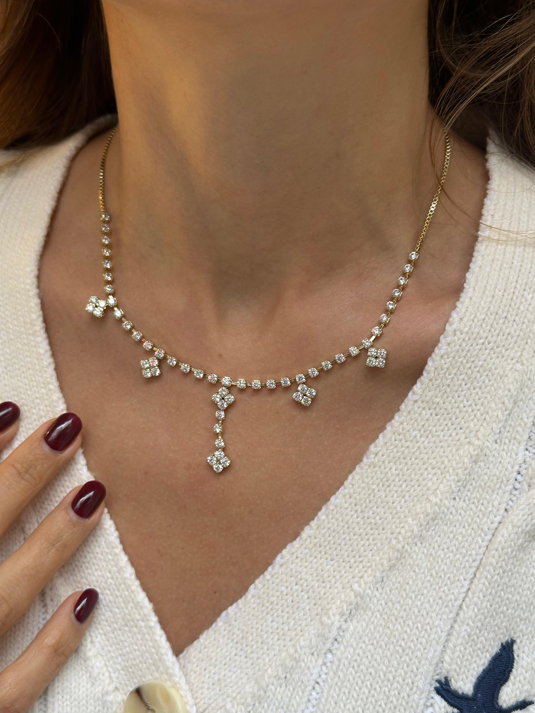 Özel Seri Kristal Taşlı Çiçek Sallantılı Su Yolu ve Zincir Model Kolye Gold