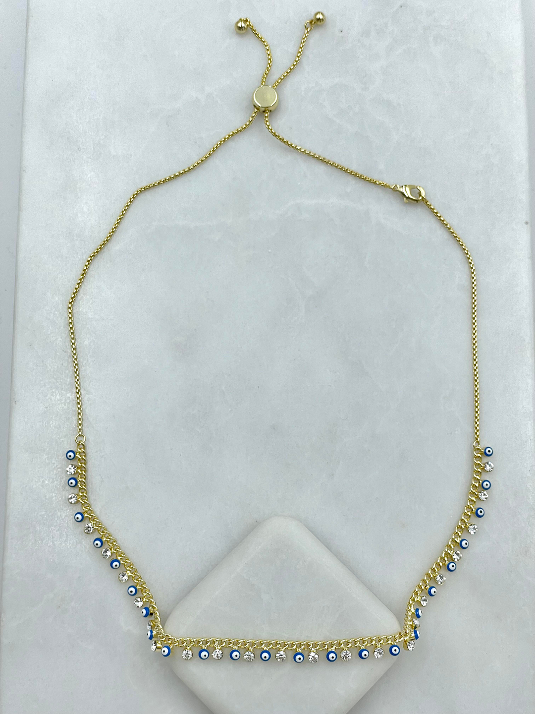 Altın Kaplama Nazar ve Kristal Taşlı Asansörlü Kolye Gold