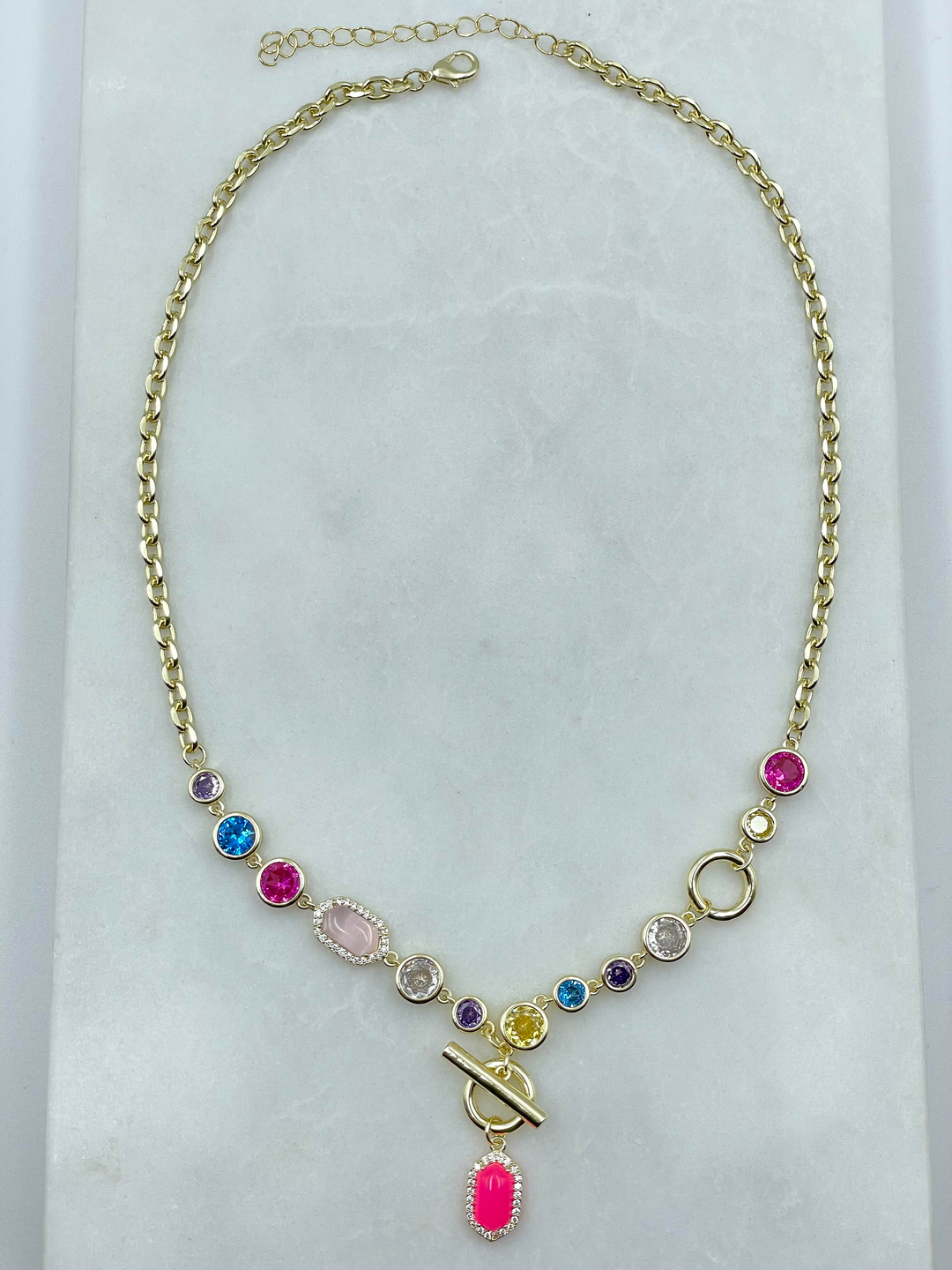 Altın Kaplama Renkli Kristal Taşlı Zincir Kolye Gold