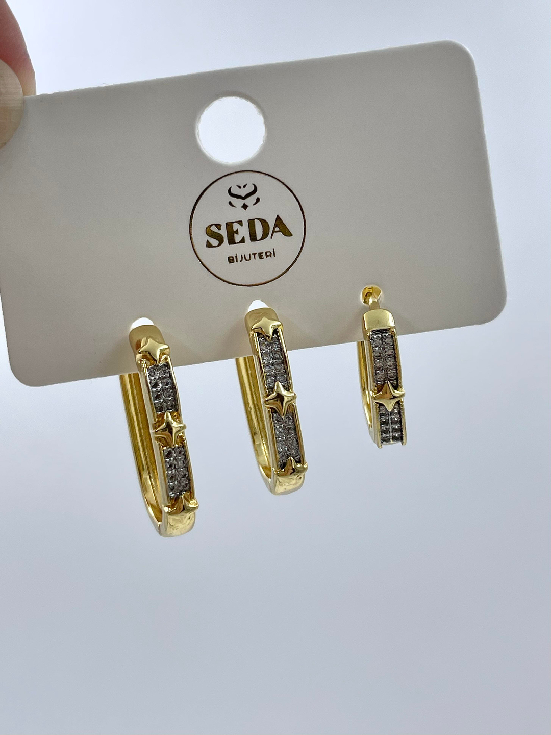 Altın Kaplama Üçlü Çift Renk Dikdörtgen Set Küpe Gold