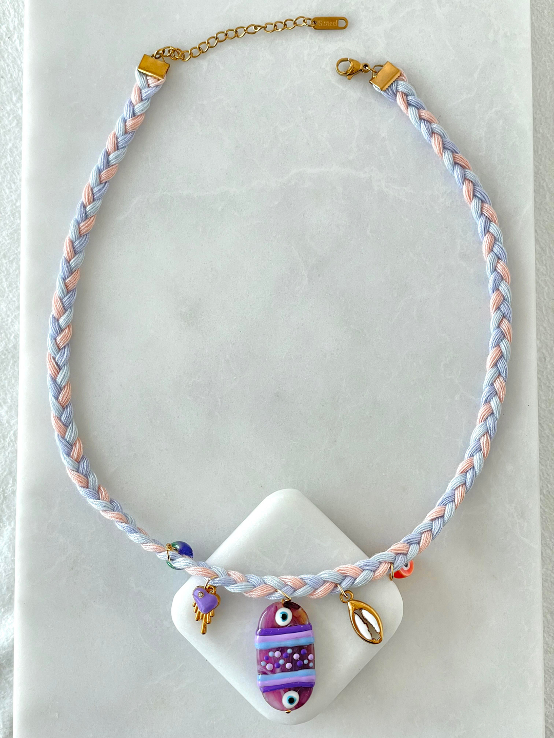 Çelik Cam Boncuk Sallantılı Lila Örgü İp Kolye Gold