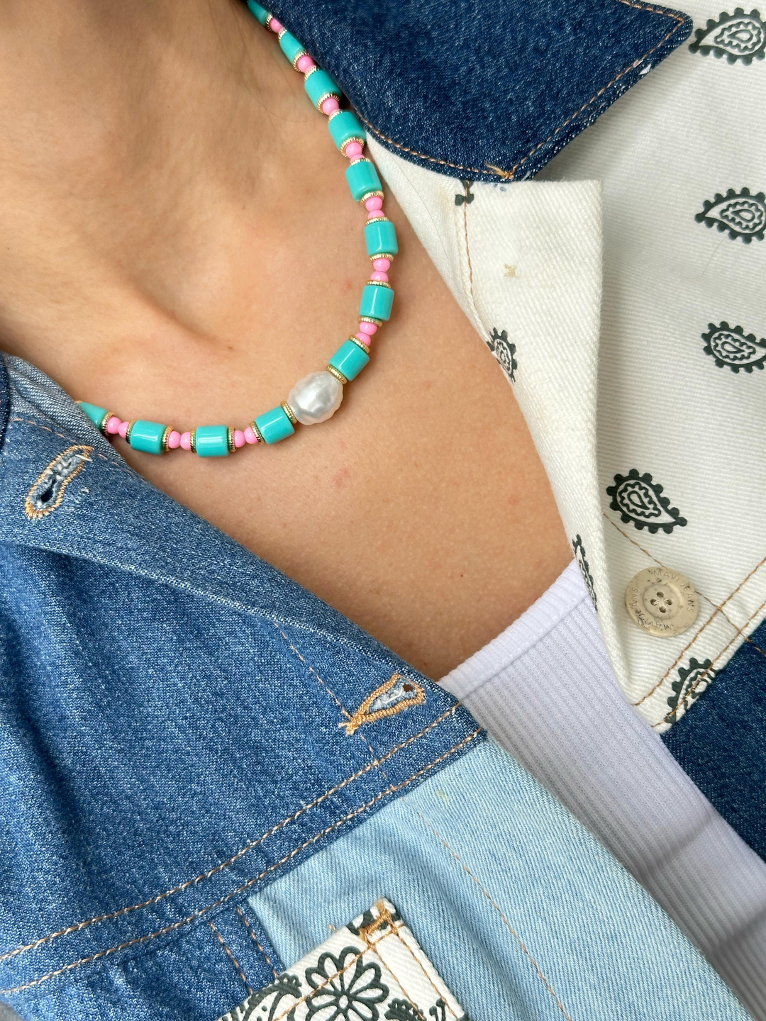 İncili Gold Detaylı Boru Boncuk Kolye Pembe