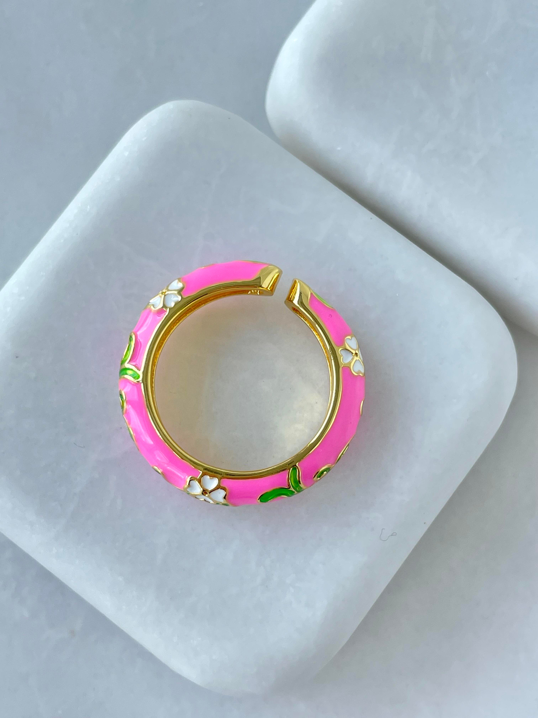 Altın Kaplama Renkli Mineli Çiçek Model Yüzük Pembe
