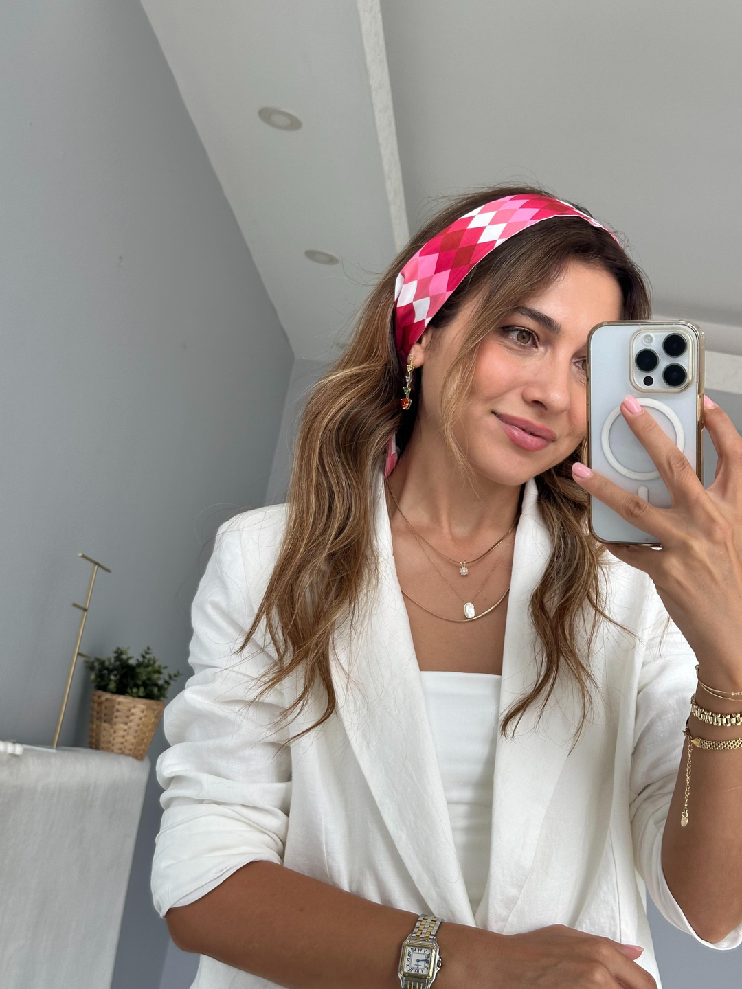 Baklava Desenli Pembe Bandana Fular Renkli