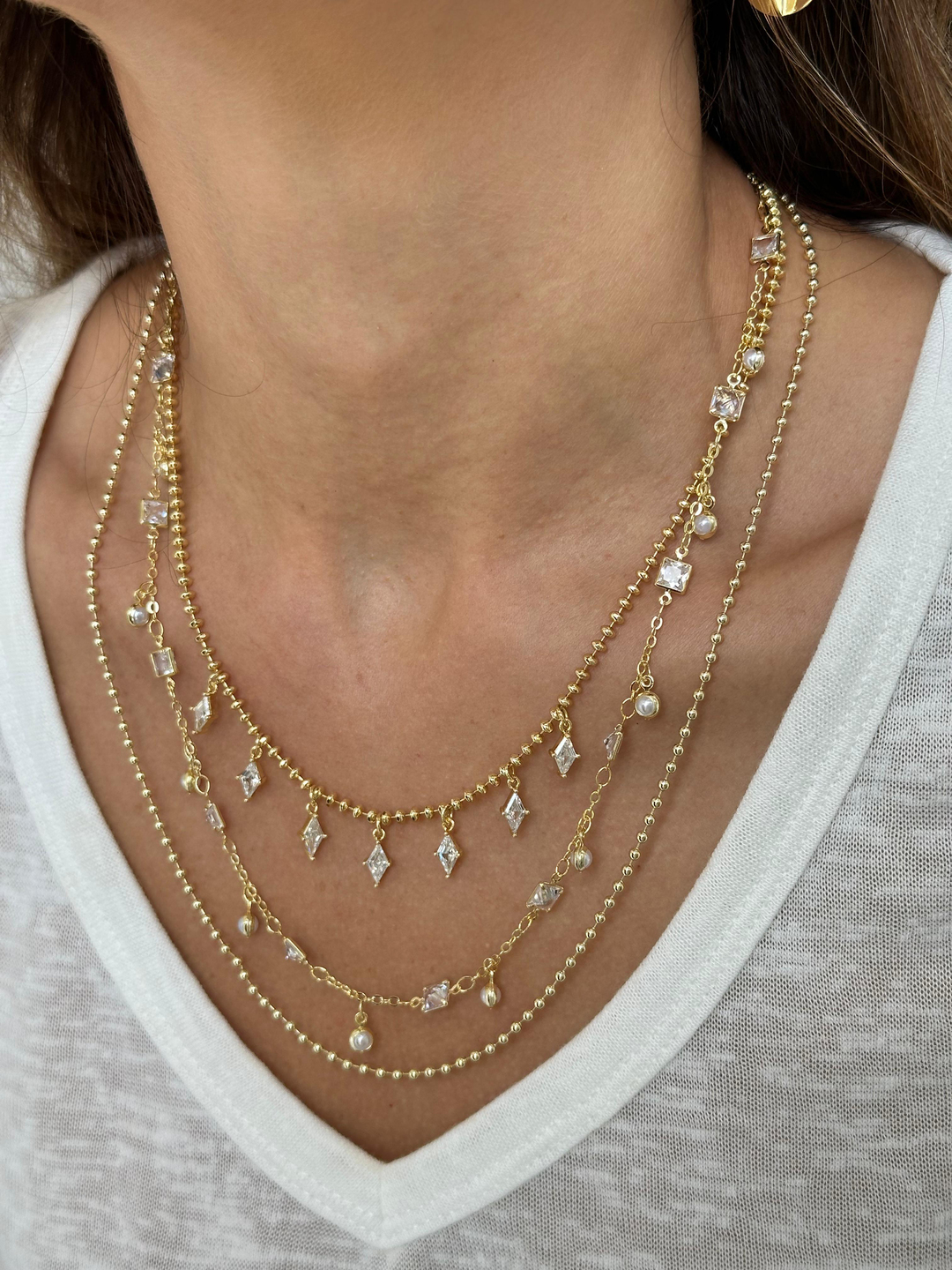 Altın Kaplama Kristal Sallantılı Topçuk Zincir Kolye Gold