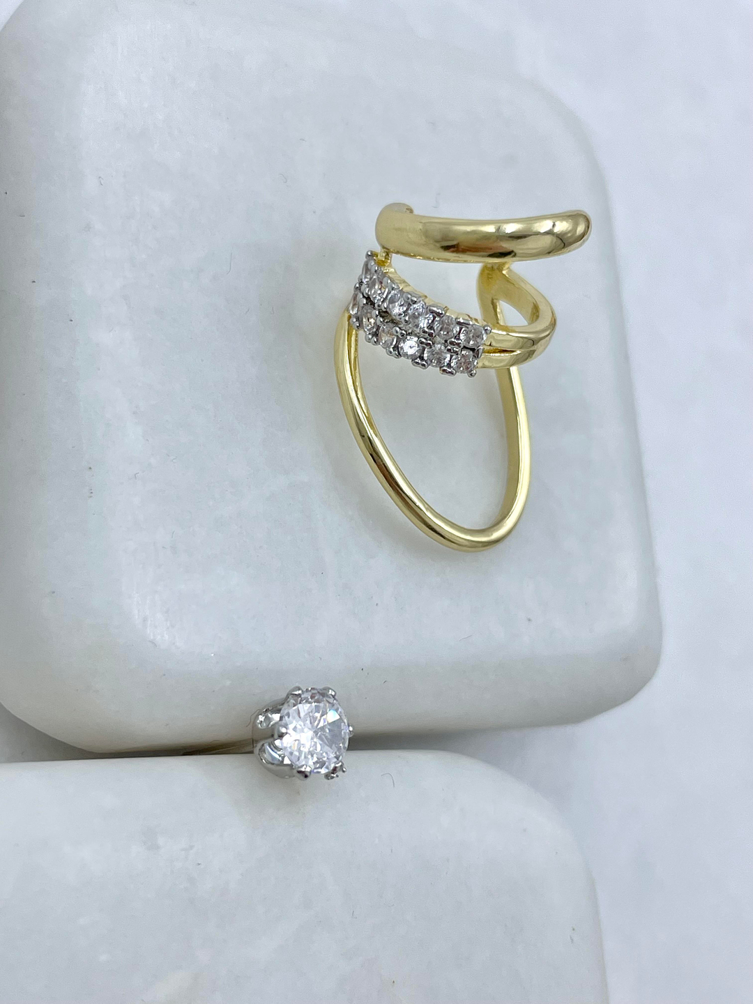 Altın Kaplama Çift Renk Kristal Taşlı Kıkırdaklı Küpe Gold