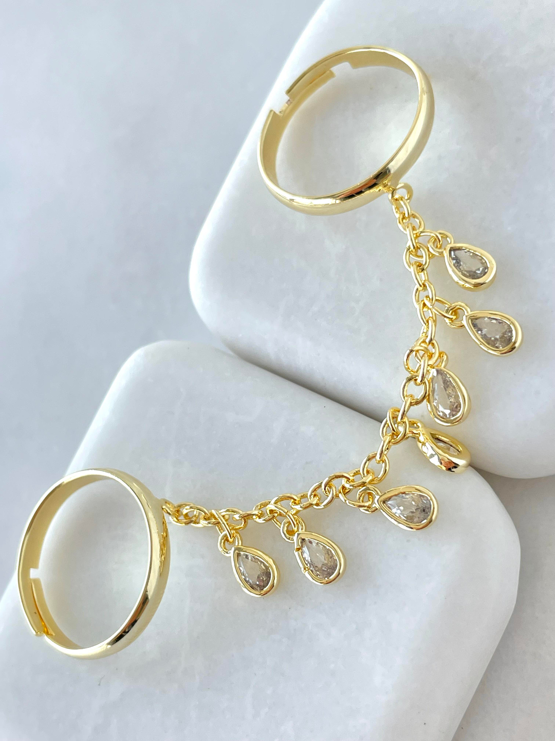 Altın Kaplama Damla Kristal Sallantılı İkili Yüzük Gold