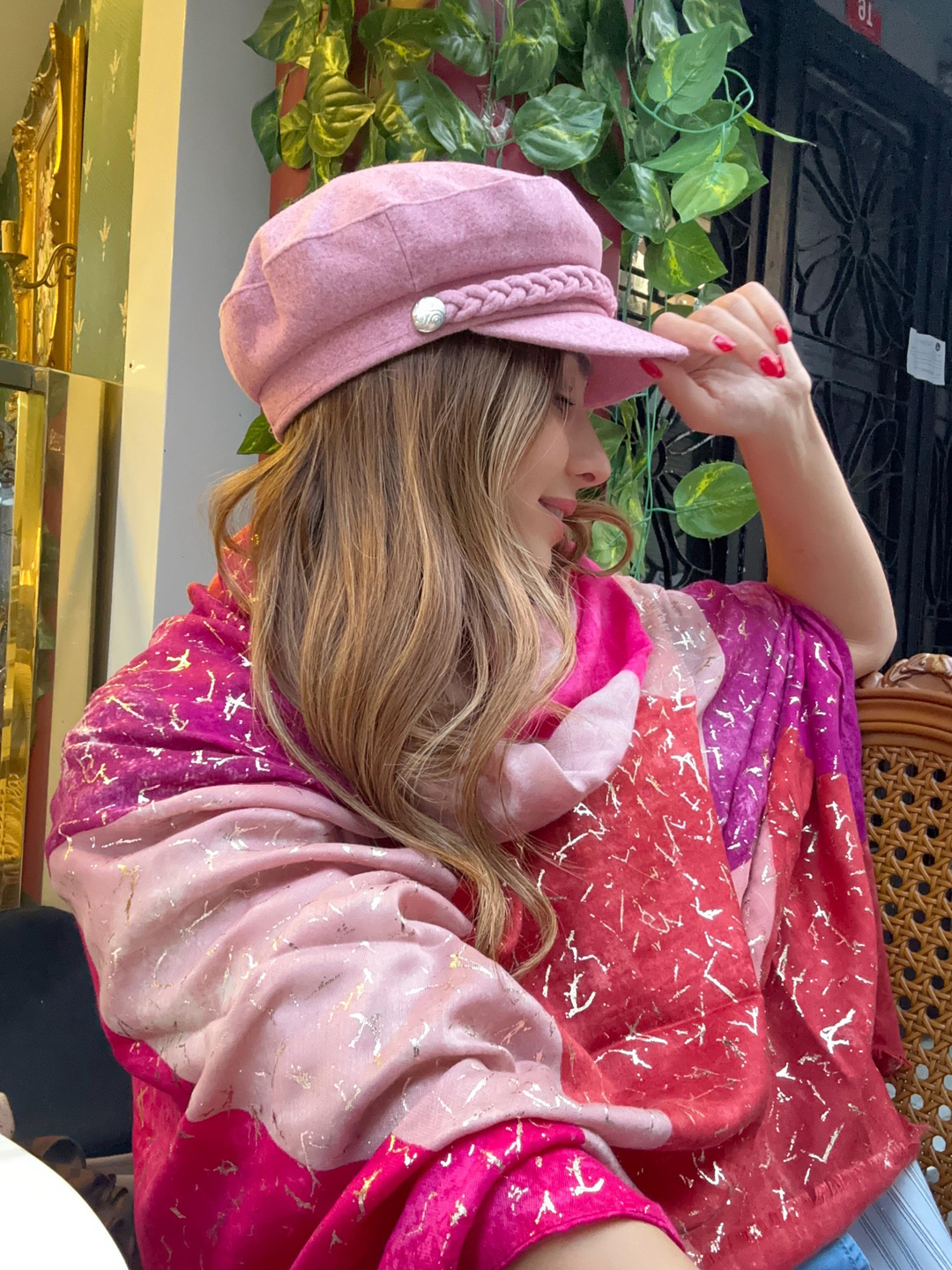 Etnik Desenli Varaklı Mor Şal Renkli