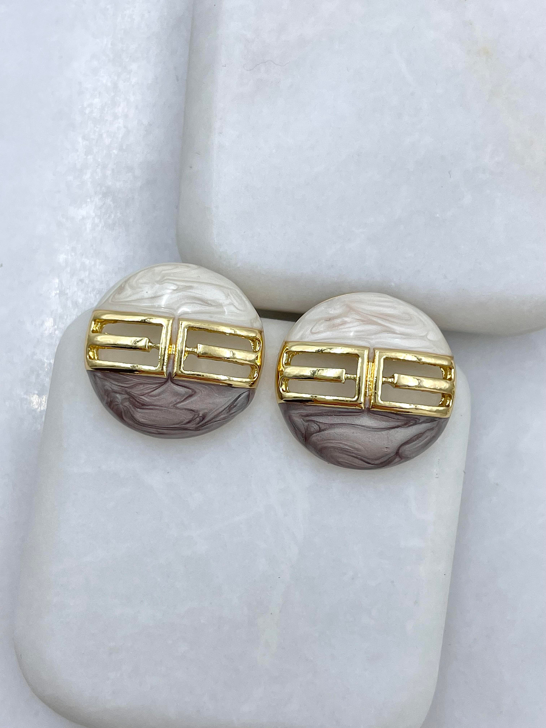 Altın Kaplama Düğme Model Epoksi Vintage Küpe Gold