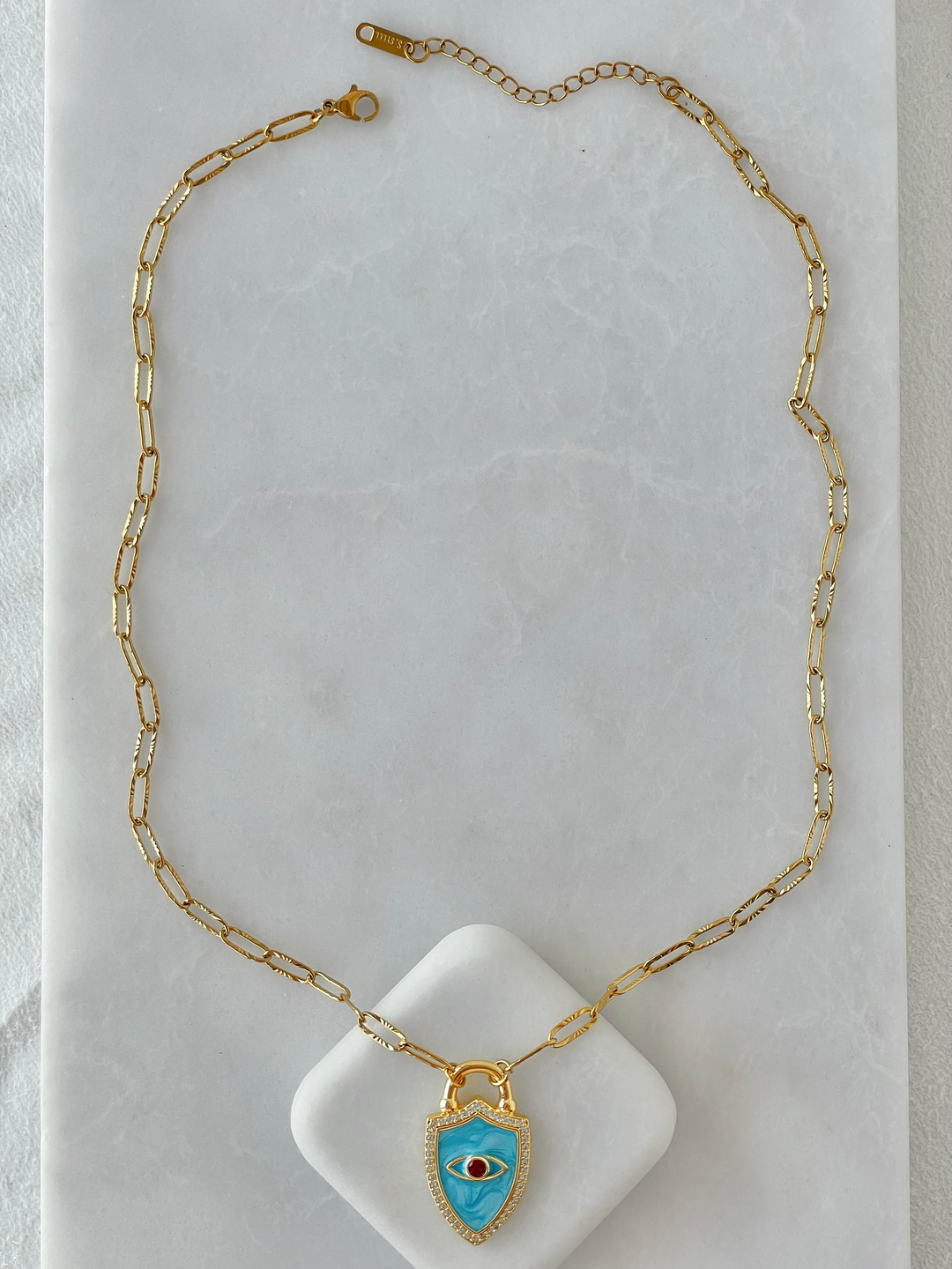 Çelik Mavi Mineli Lazer Kesim Zincir Kolye Gold