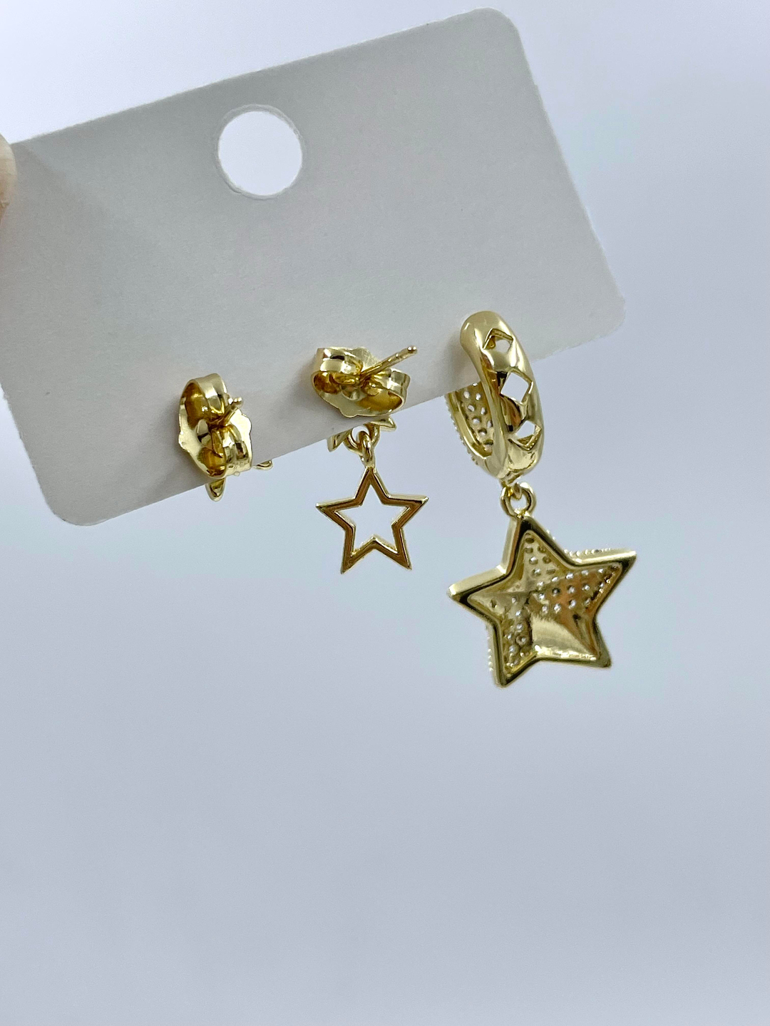 Altın Kaplama Üçlü Gömme Taşlı Yıldız Set Küpe Gold