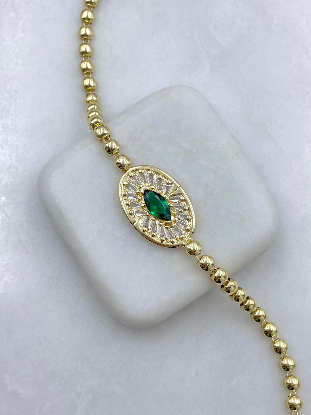 Altın Kaplama Yeşil Kristal Taşlı Daire Model Bileklik Gold