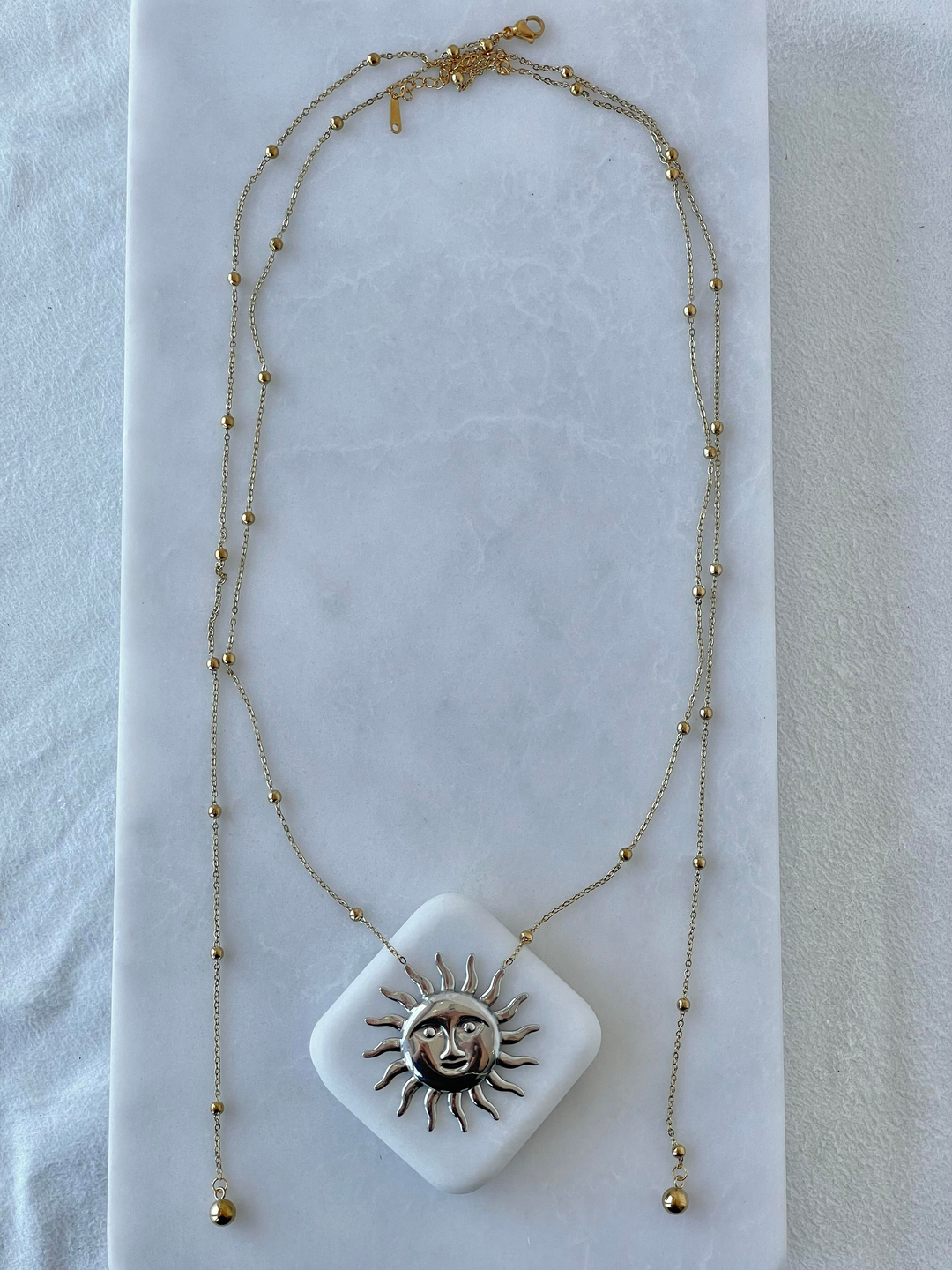 Çelik Güneş Plaka ve Topçuk Sallantılı İkili Zincir Kolye Gold