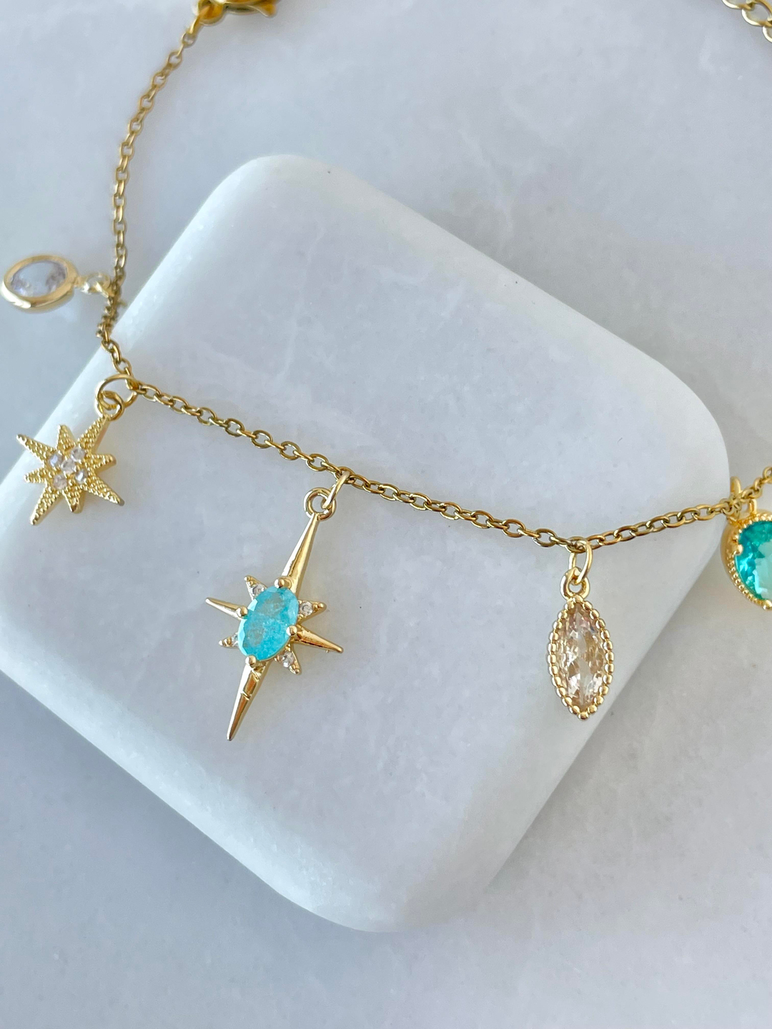 Çelik Mavi Kristal Taşlı Kuzey Yıldızı Bileklik Gold