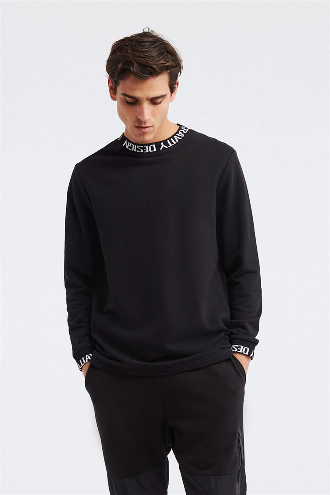 ACE Erkek Siyah Baskılı Yuvarlak Yaka Comfort Fit Sweatshirt