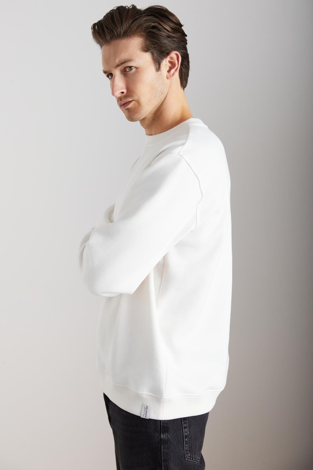 ADAMS Erkek İçi Polarlı Sıcak Tutan 3 İplik Örme %100 Organik Pamuk Regular Fit Ekru Sweatshirt