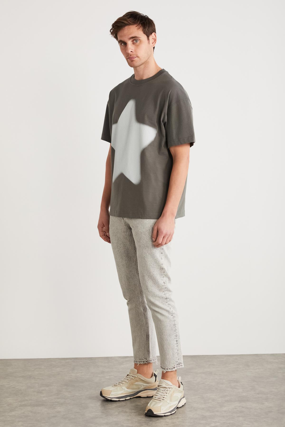 ADAN Erkek %100 Pamuk Yıldız Baskılı Bisiklet Yaka Kısa Kollu Oversize Gri T-Shirt