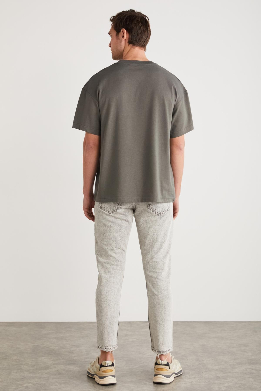 ADAN Erkek %100 Pamuk Yıldız Baskılı Bisiklet Yaka Kısa Kollu Oversize Gri T-Shirt