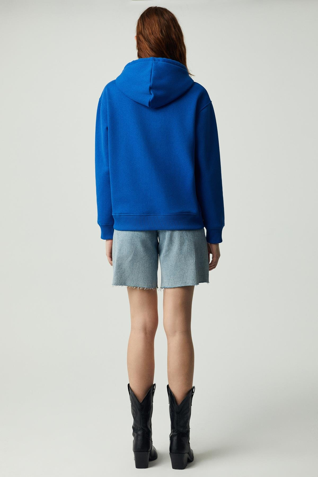 Adel Kadın Organik Pamuklu Içi Polarlı Yumuşacık Relaxed  Kanguru Cepli Kapüşonlu Parlament Mavi Sweatshirt