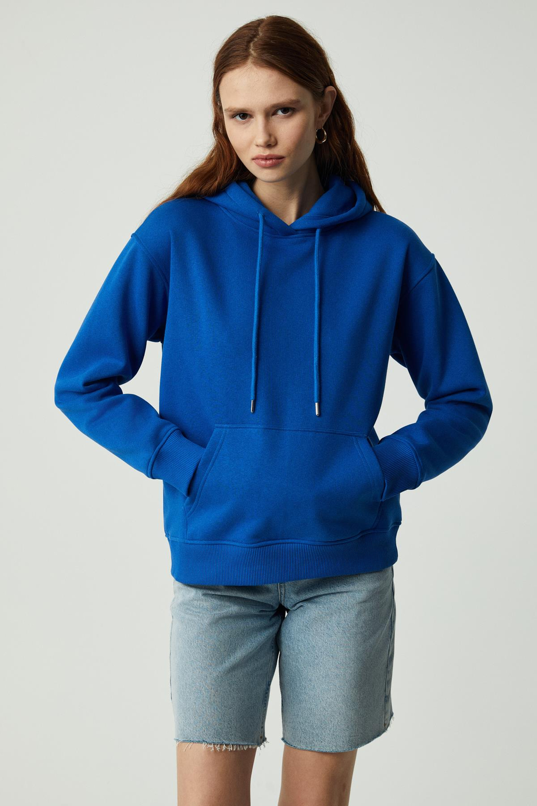 Adel Kadın Organik Pamuklu Içi Polarlı Yumuşacık Relaxed  Kanguru Cepli Kapüşonlu Parlament Mavi Sweatshirt