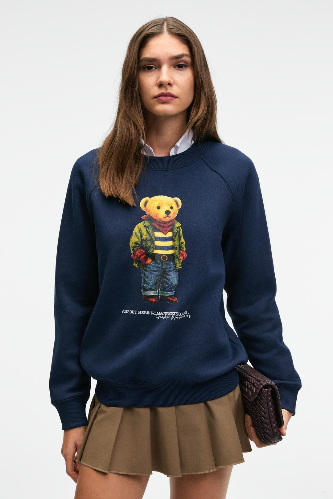 AELORIA Kadın Önü Baskılı Reglan Kol Oversize Lacivert Sweatshirt